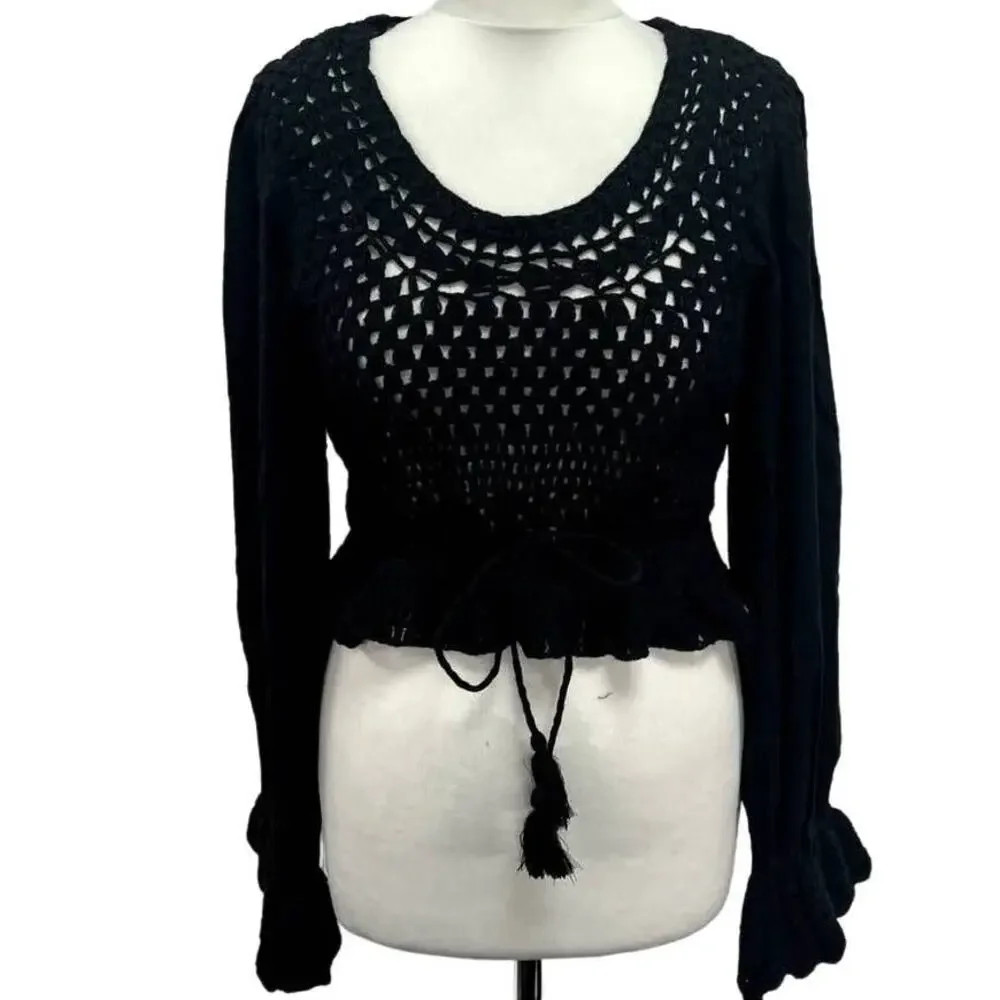 New Free People Megan Crochet Long Sleeve Crop Top $128 X-SMALL Black